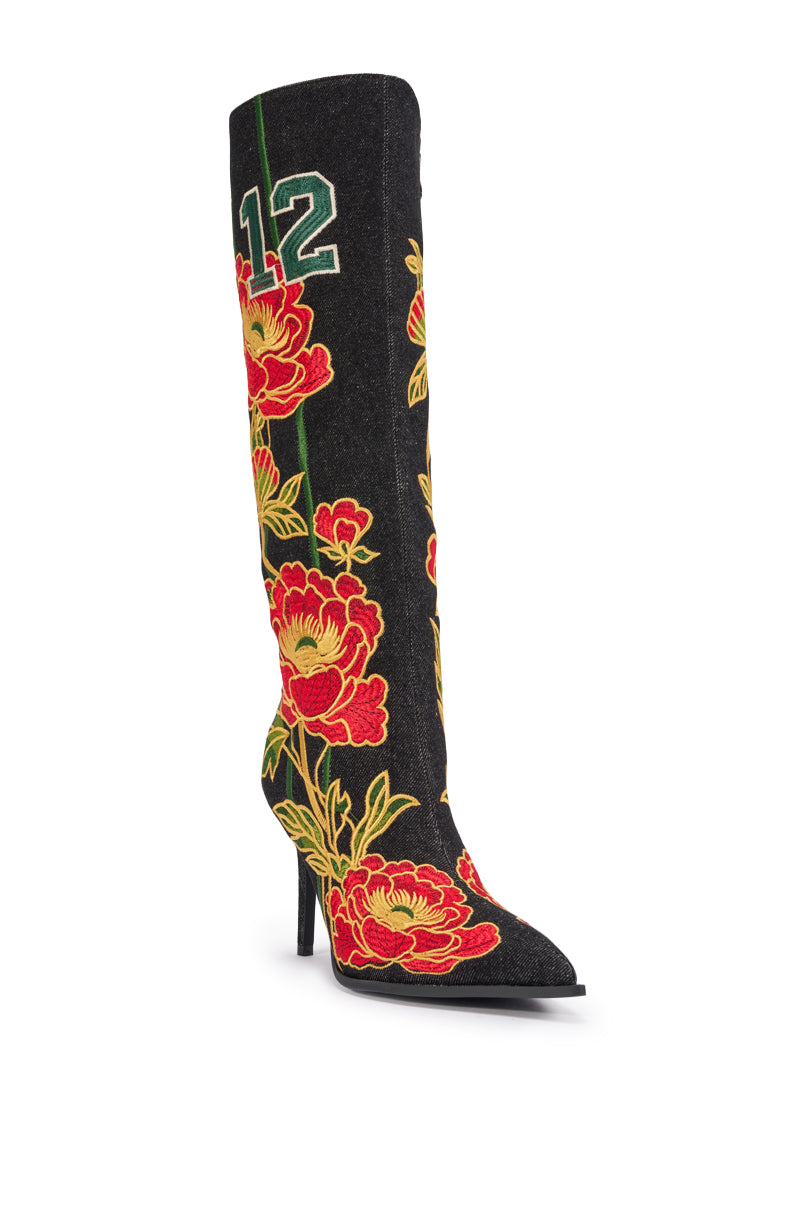 AZALEA WANG HAWN BLACK MULTI FLORAL EMBROIDERED STILETTO BOOT