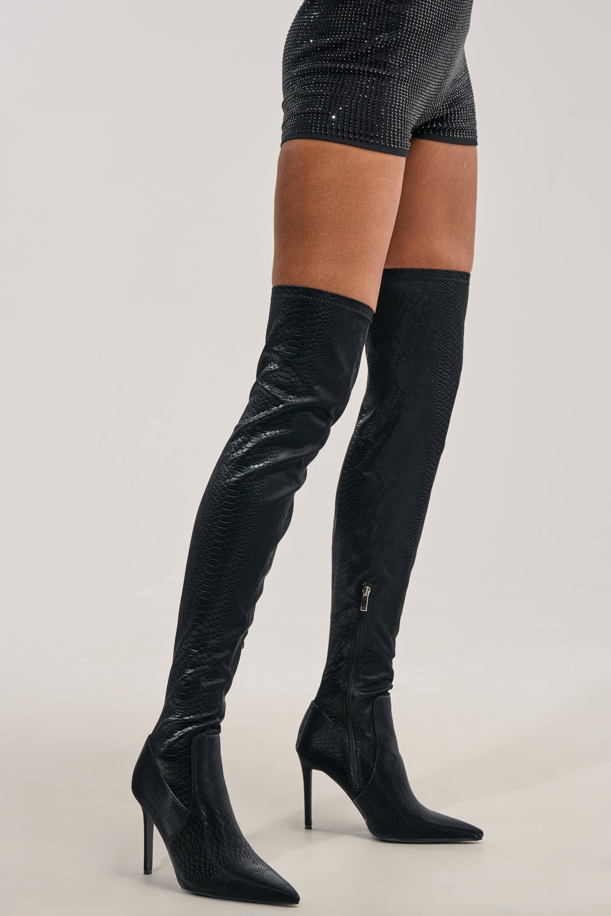 AZALEA WANG INGENUE BLACK SNAKE OVER THE KNEE STRETCH PU STILETTO BOOT