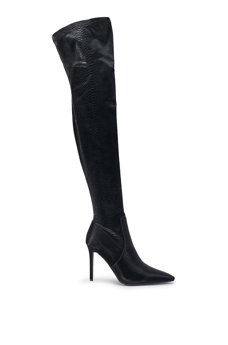 AZALEA WANG INGENUE BLACK SNAKE OVER THE KNEE STRETCH PU STILETTO BOOT