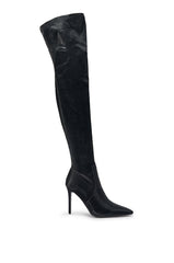 AZALEA WANG INGENUE BLACK SNAKE OVER THE KNEE STRETCH PU STILETTO BOOT