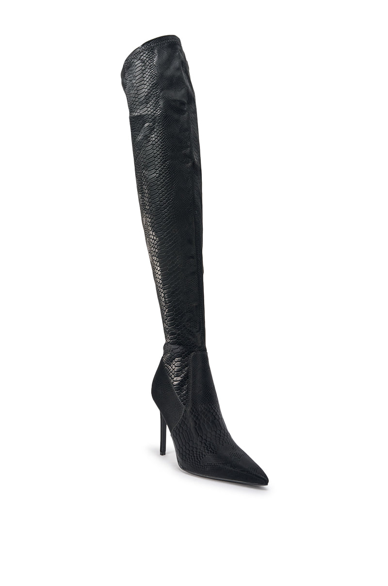 AZALEA WANG INGENUE BLACK SNAKE OVER THE KNEE STRETCH PU STILETTO BOOT