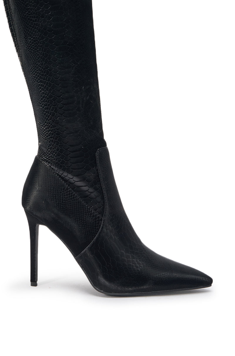AZALEA WANG INGENUE BLACK SNAKE OVER THE KNEE STRETCH PU STILETTO BOOT