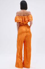 BYE BYE WINTER BLUES OFF THE SHOULDER SATIN JUMPSUIT