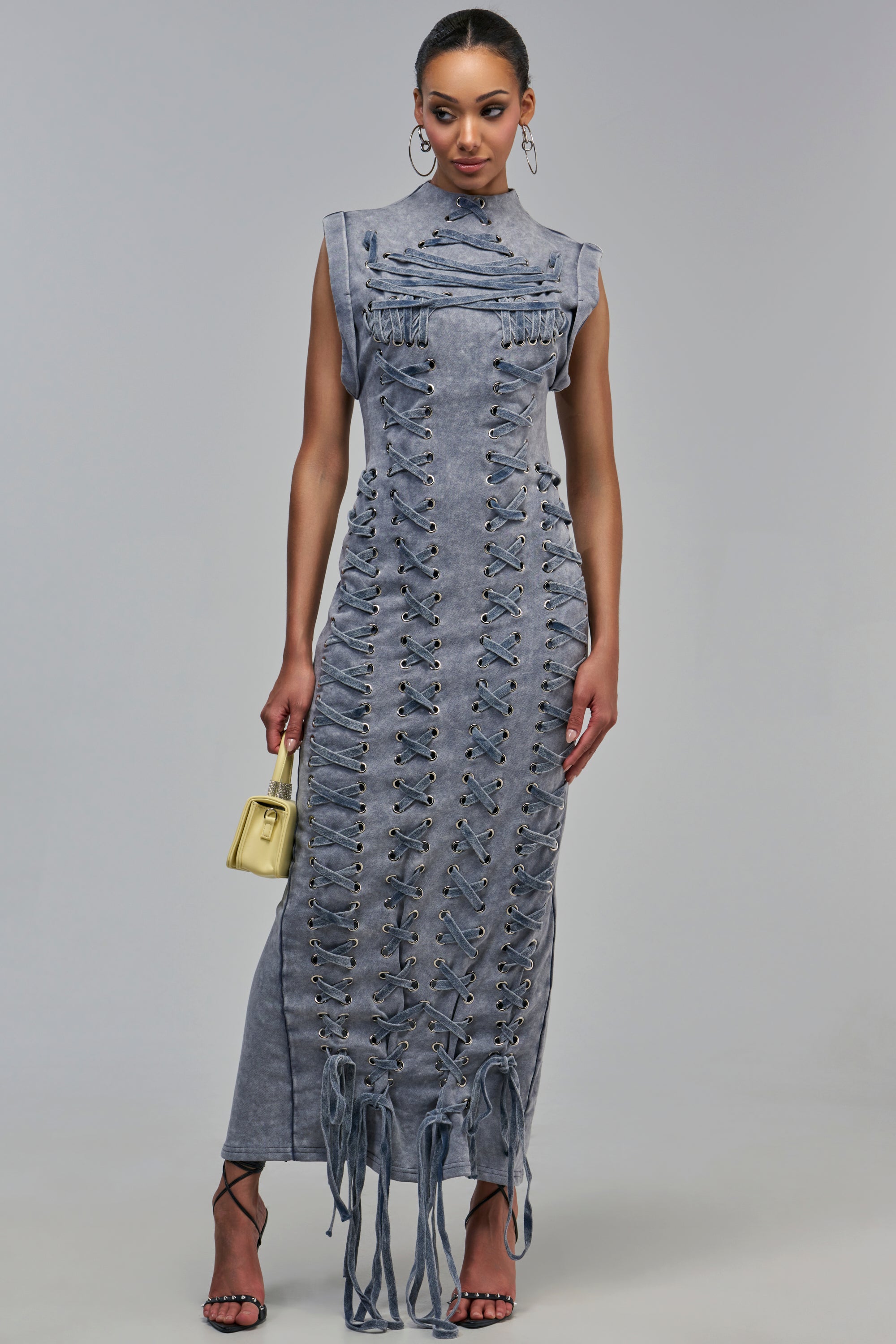ALL ABOUT IT LACE UP MAXI DRESS IN MEDIUM BLUE DENIM