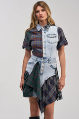 ATTENTION PLEASE DENIM AND PLAID MINI DRESS