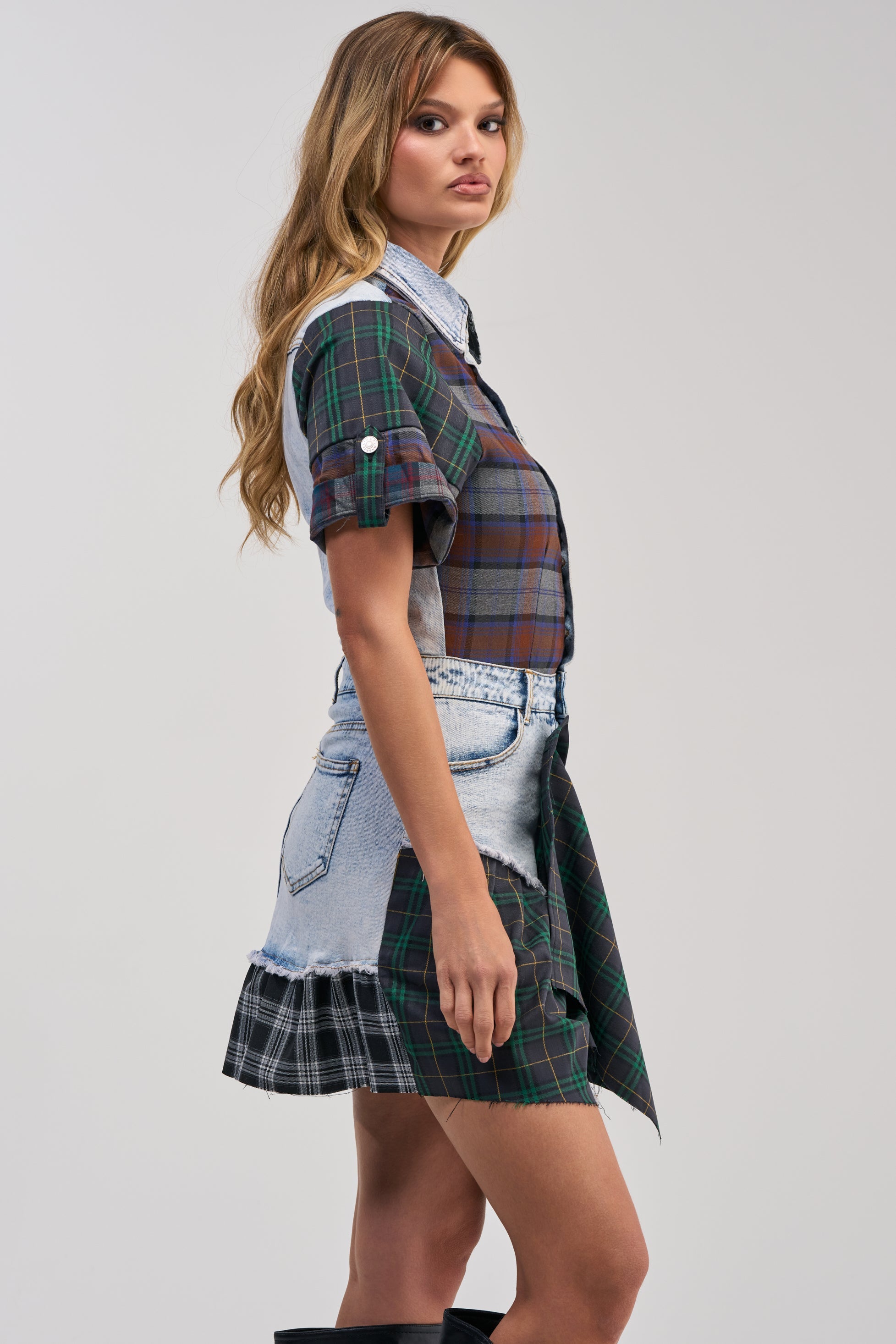 ATTENTION PLEASE DENIM AND PLAID MINI DRESS