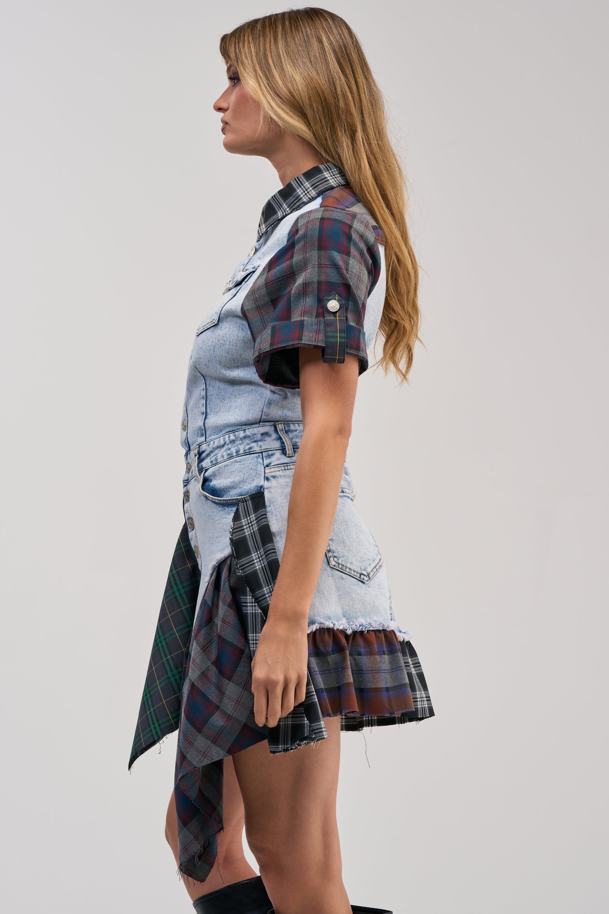 ATTENTION PLEASE DENIM AND PLAID MINI DRESS