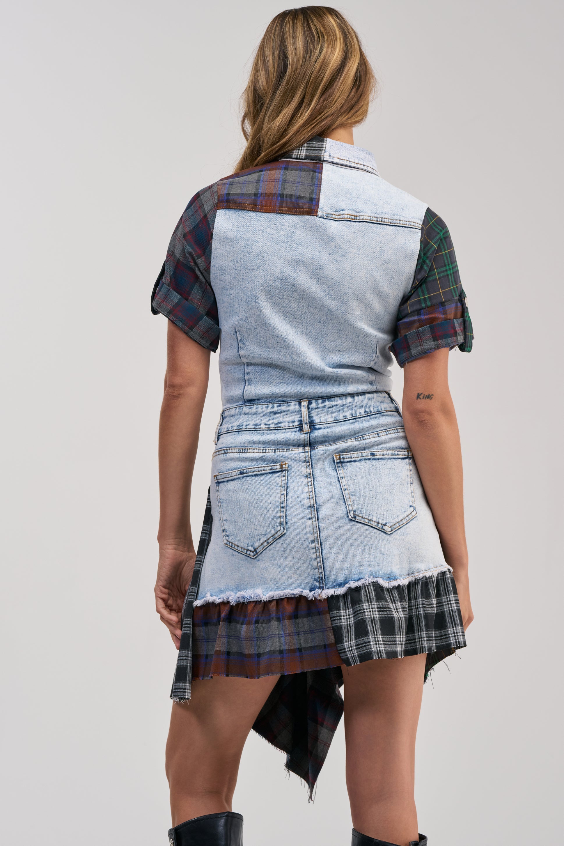 ATTENTION PLEASE DENIM AND PLAID MINI DRESS
