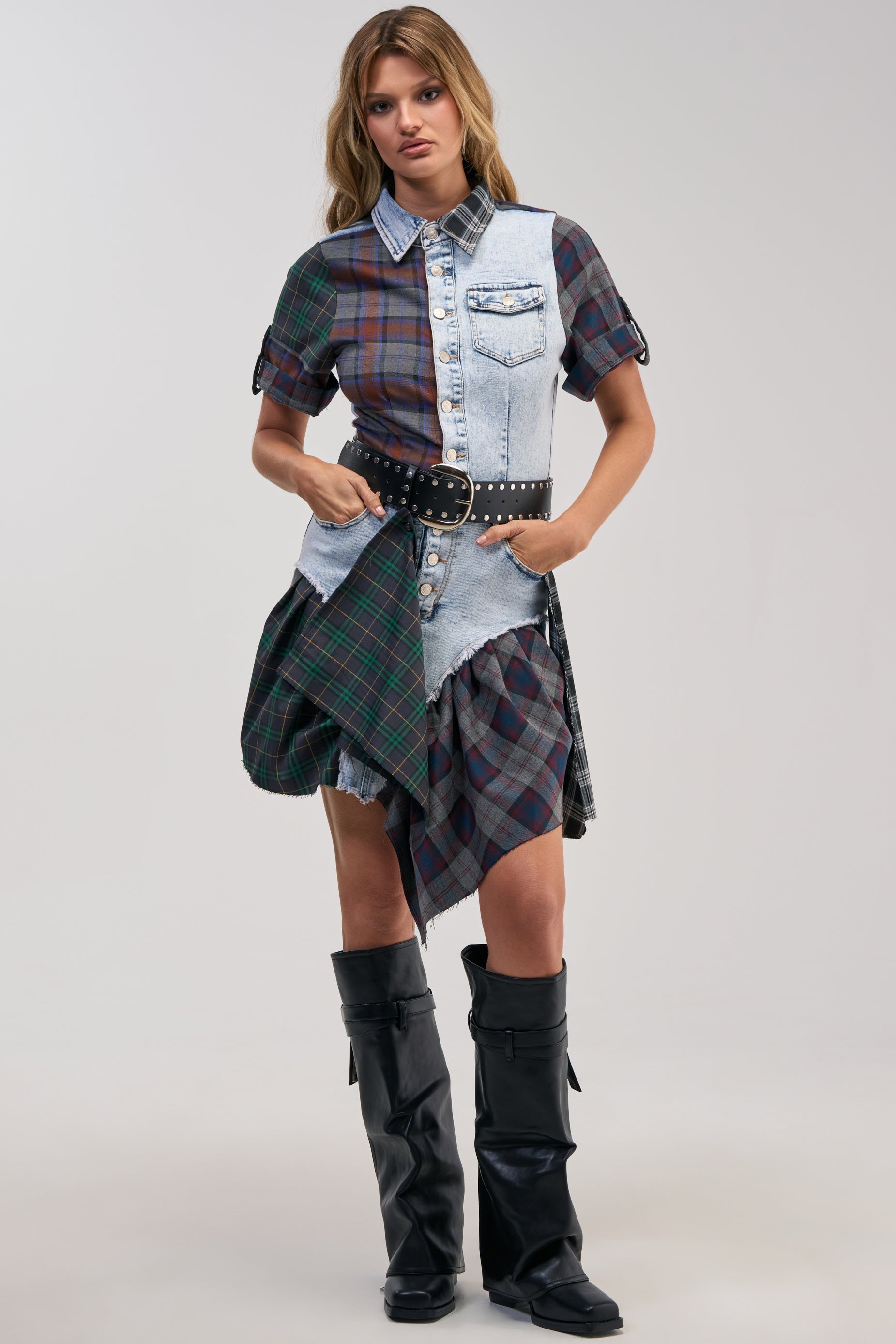 ATTENTION PLEASE DENIM AND PLAID MINI DRESS