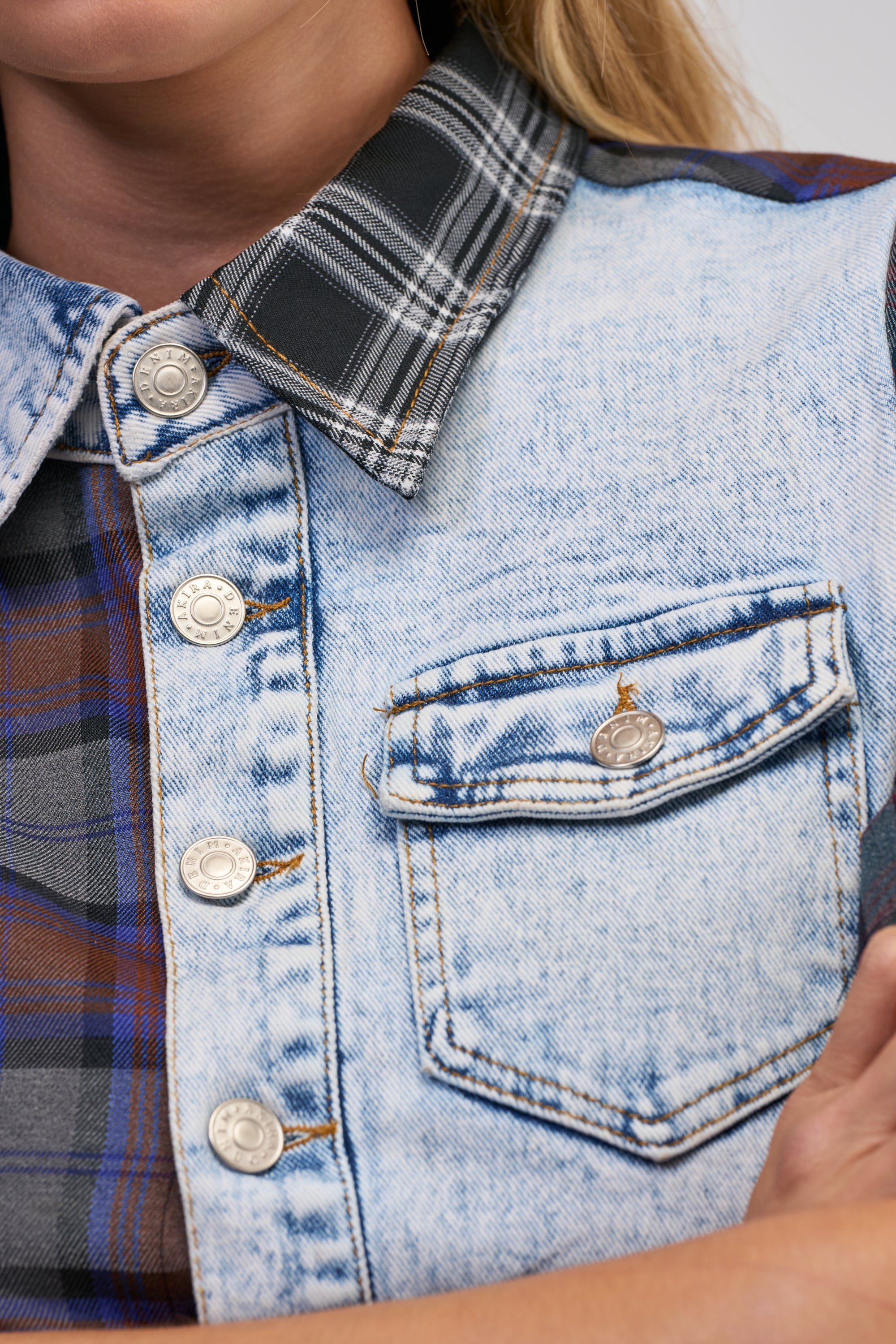 ATTENTION PLEASE DENIM AND PLAID MINI DRESS