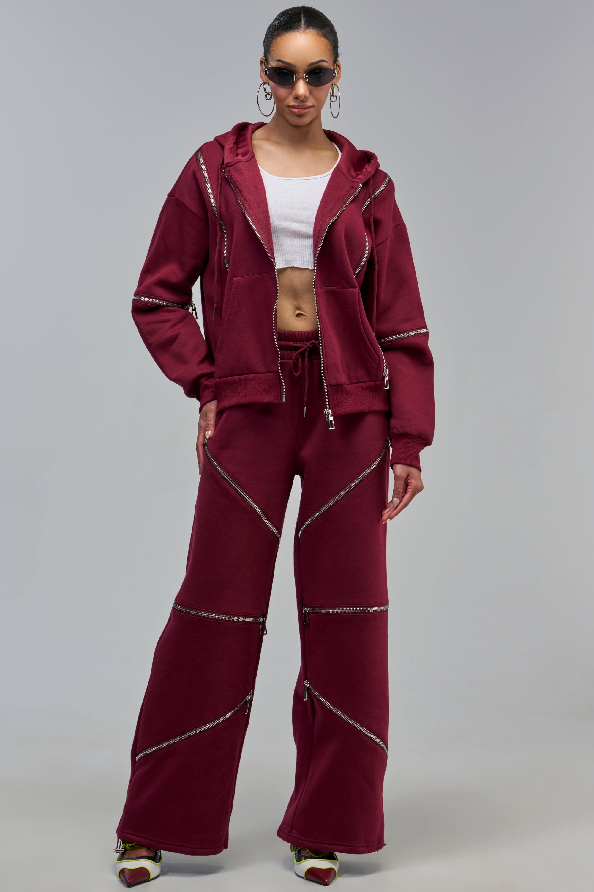 CALI MULTI ZIPPER JOGGER IN BURGUNDY