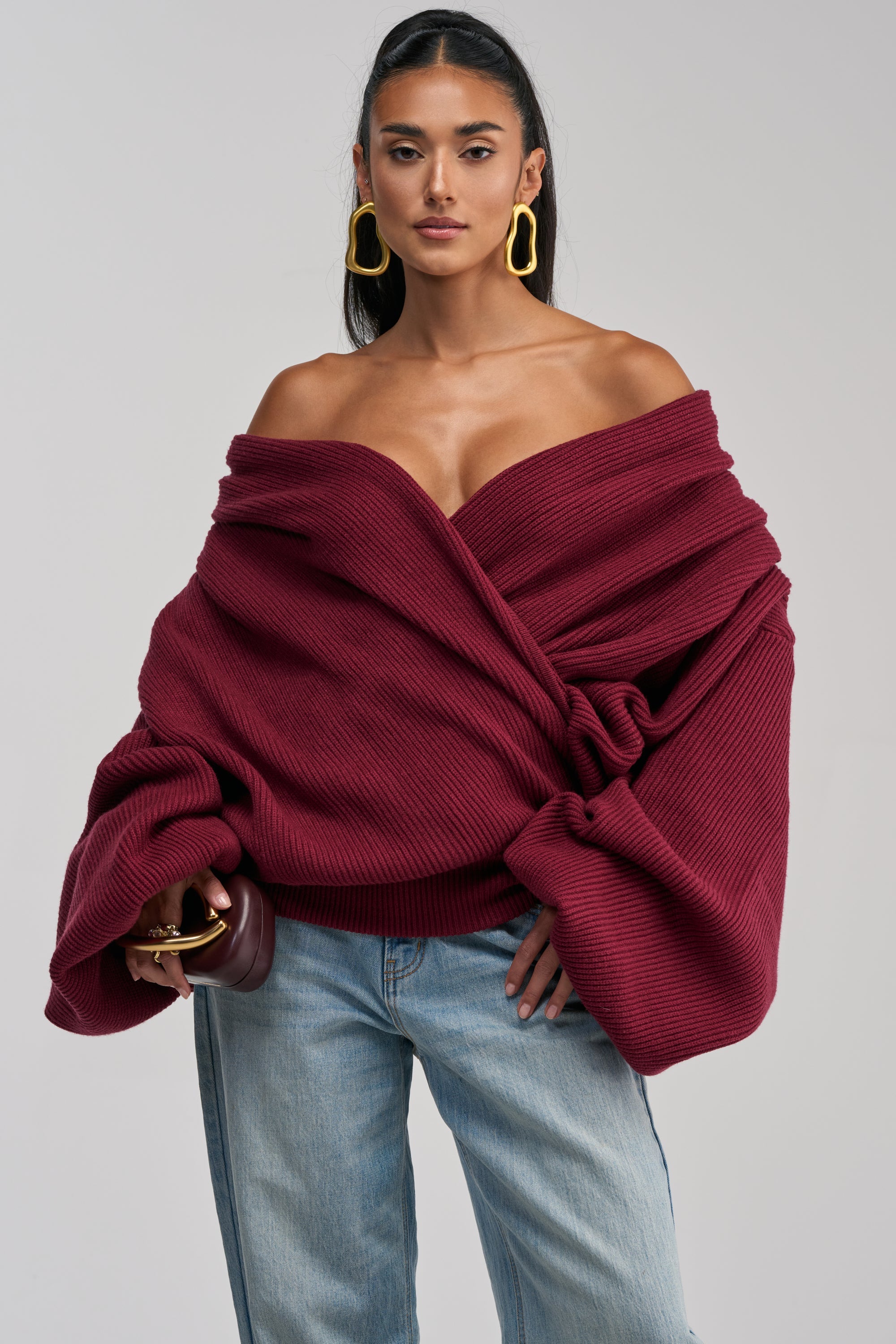 CRAZY FOR YOU CROSS FRONT SWEATER IN BURGUNDY