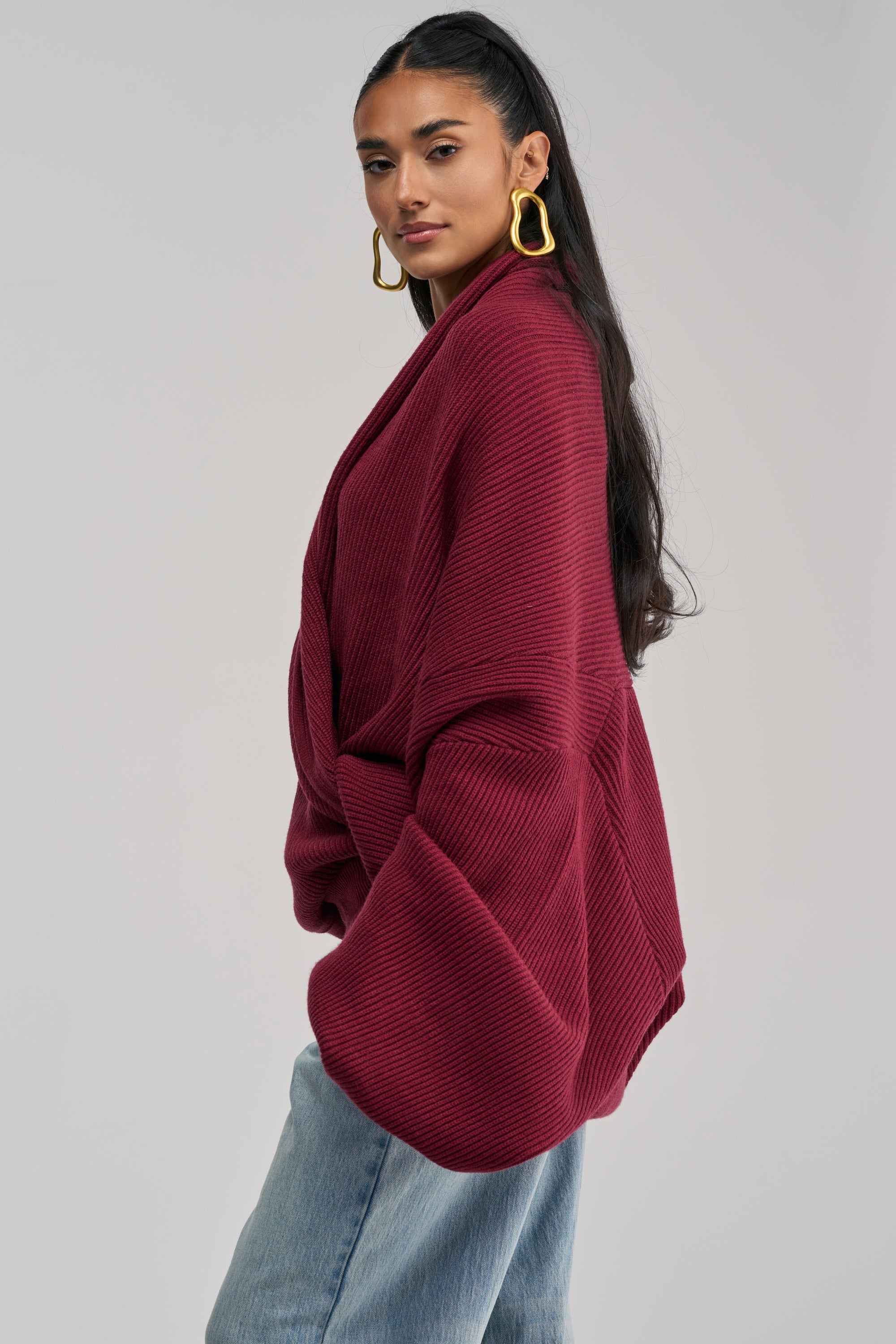 CRAZY FOR YOU CROSS FRONT SWEATER IN BURGUNDY