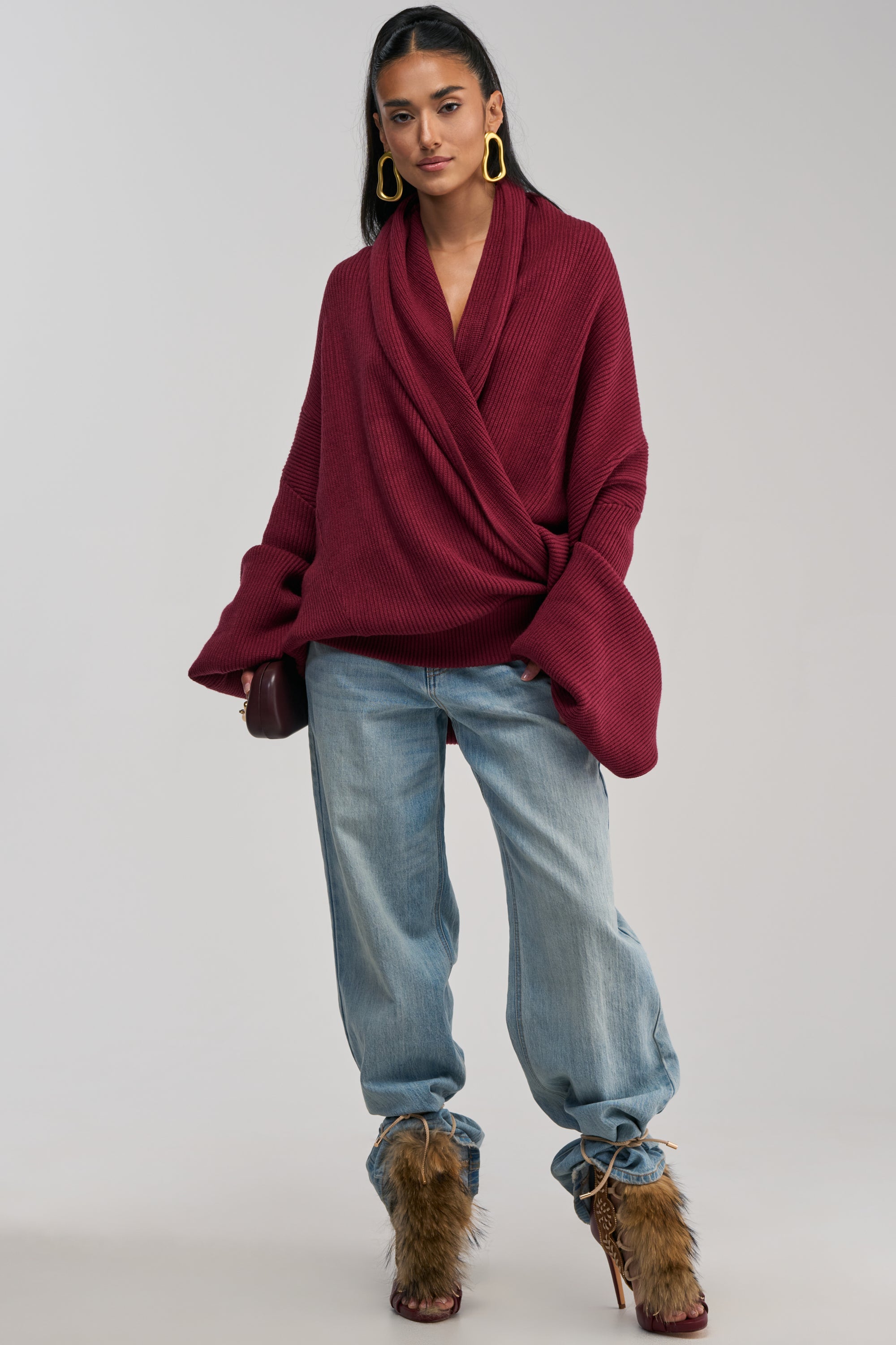 CRAZY FOR YOU CROSS FRONT SWEATER IN BURGUNDY
