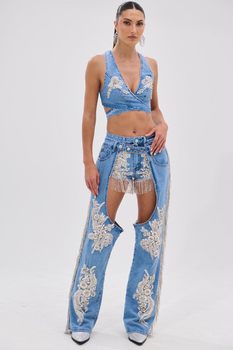 DIVALICIOUS DENIM BRA TOP IN LIGHT BLUE