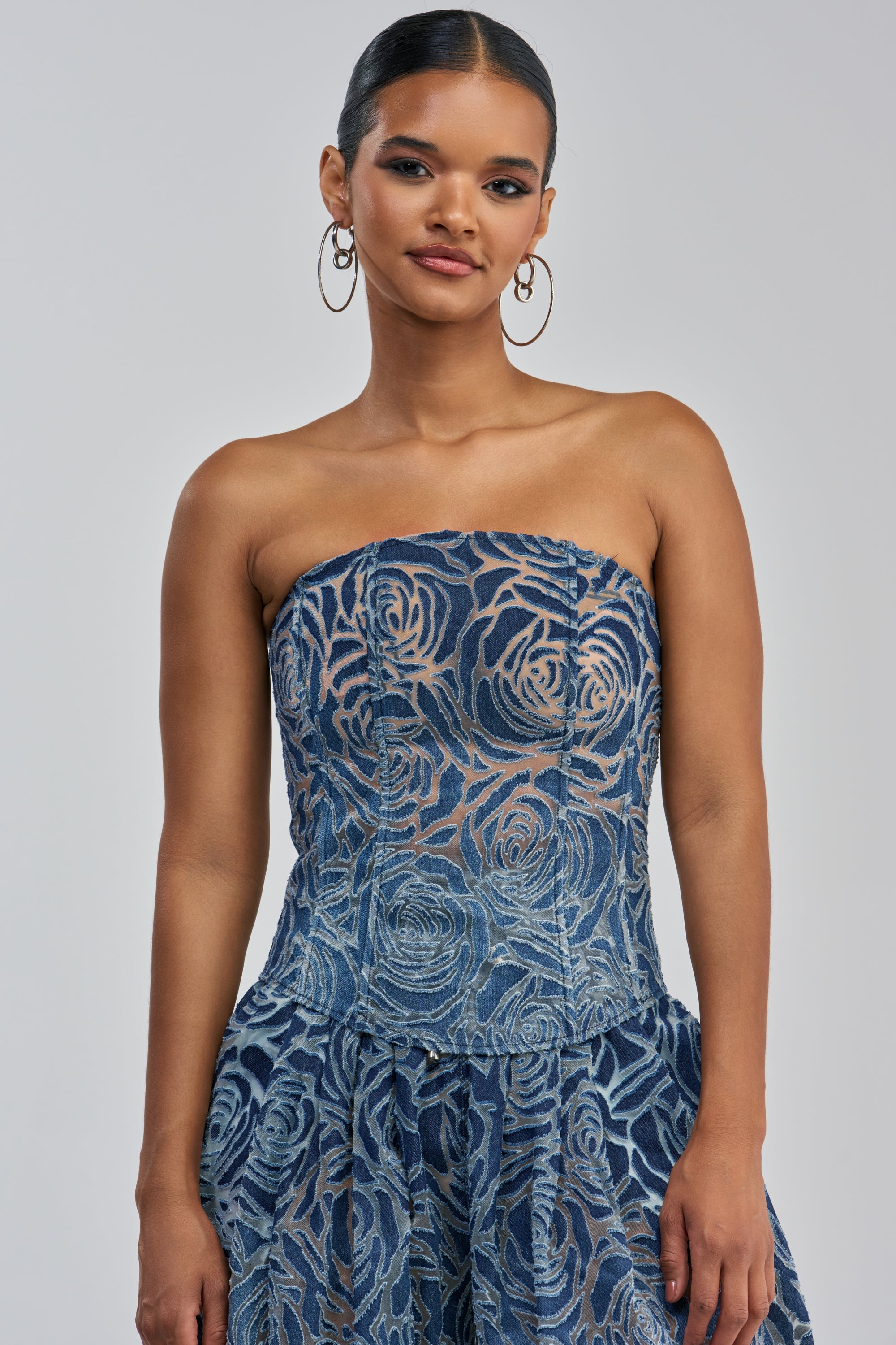 DENIM FOR DAYS ZIP UP CORSET IN DARK BLUE DENIM