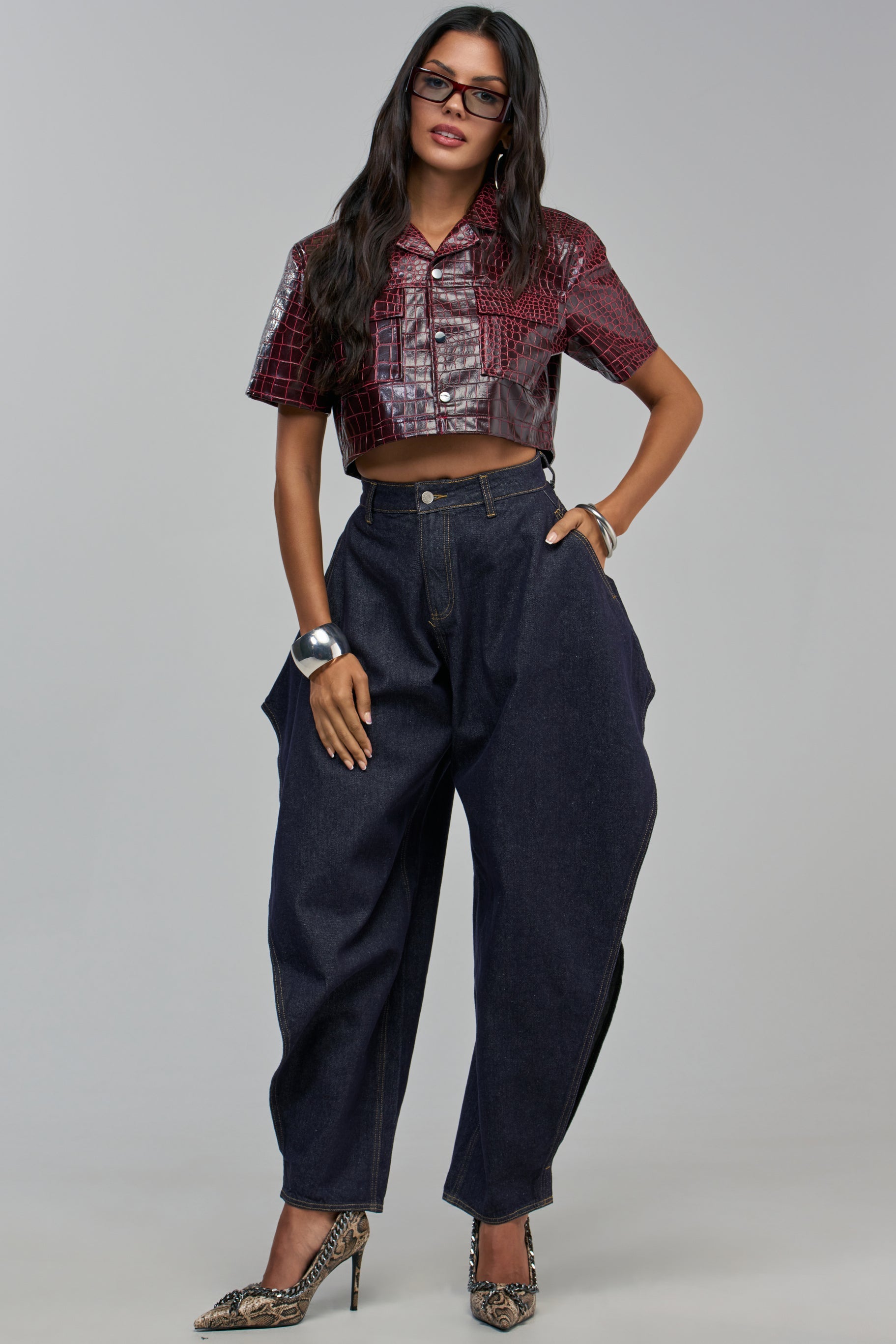 BORDEAUX CROC UTILITY CROP BUTTON DOWN