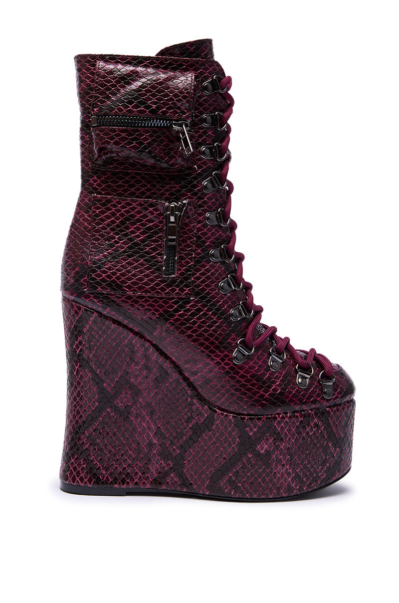 AZALEA WANG KAPULE BURGUNDY SNAKE PLATFORM BOOTIE
