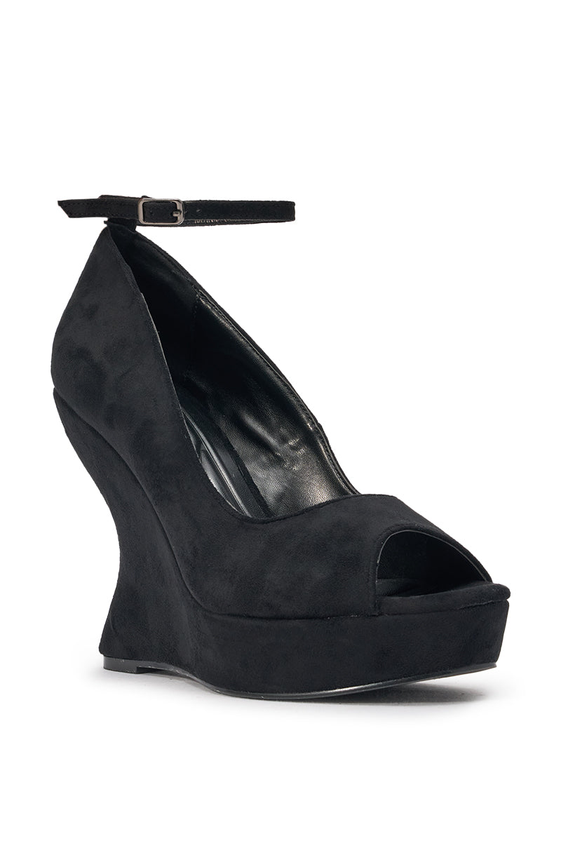 AZALEA WANG KATRINA BLACK FAUX SUEDE WEDGE PEEP TOE PUMP