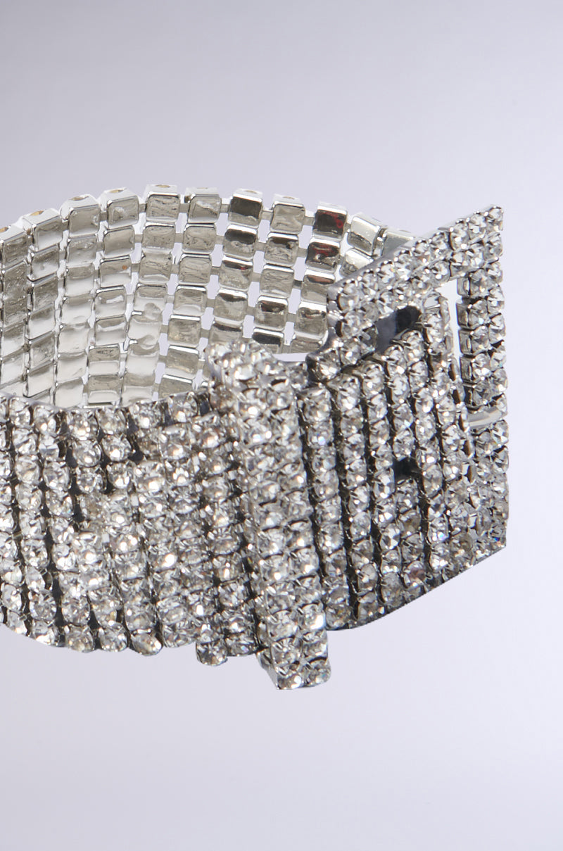 BUCKLE UP RHINESTONE BRACELET IN SILVER