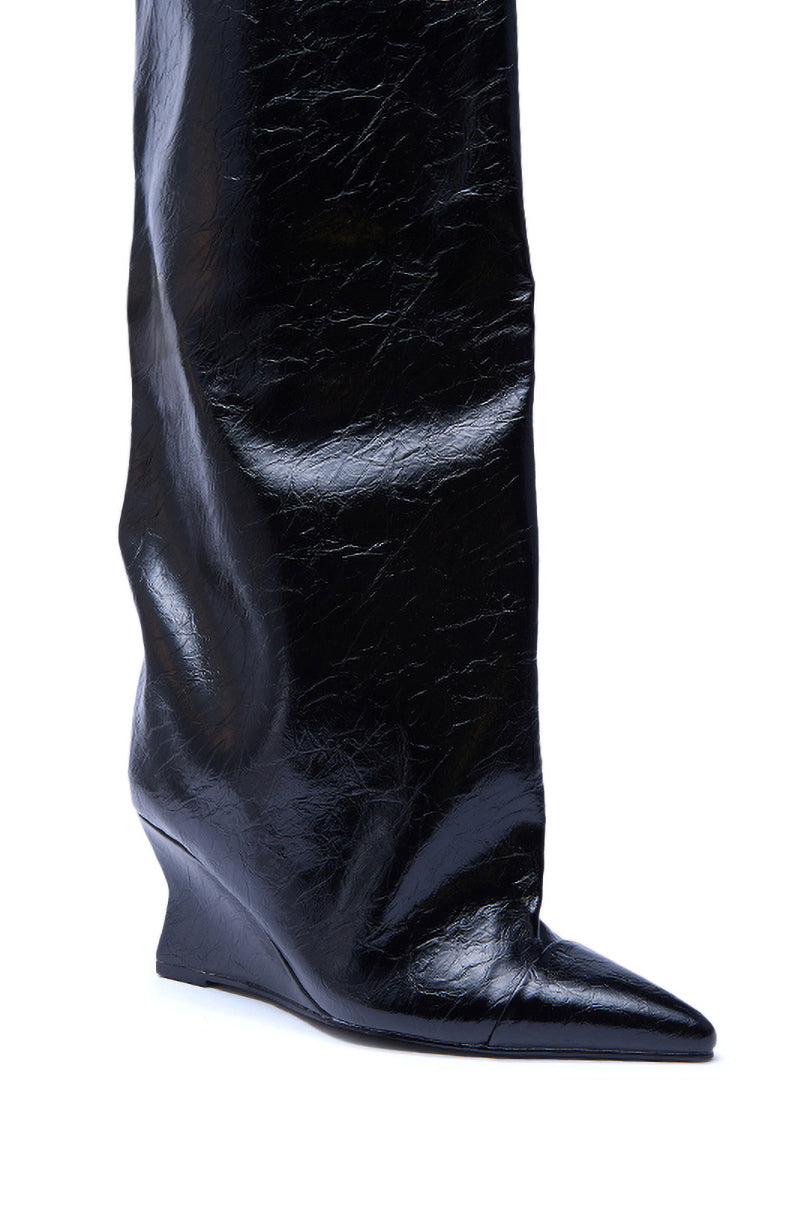 AZALEA WANG KENYA BLACK KNEE HIGH WEDGE BOOT