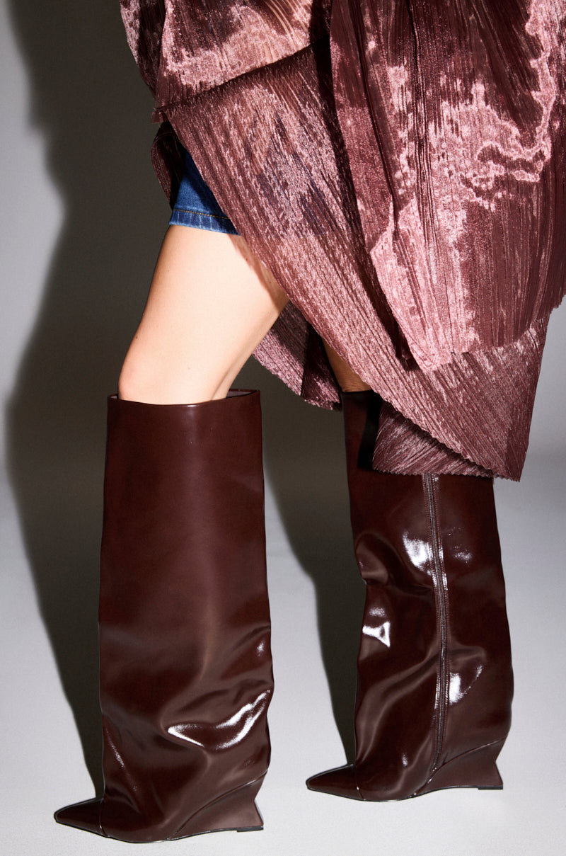 AZALEA WANG KENYA BROWN KNEE HIGH WEDGE BOOT