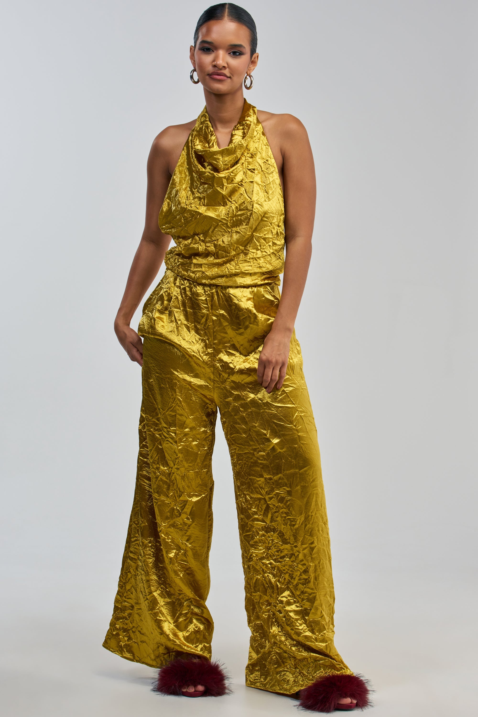 CALLING ALL THE GIRLS SATIN JUMPSUIT IN GOLDEN YELLOW