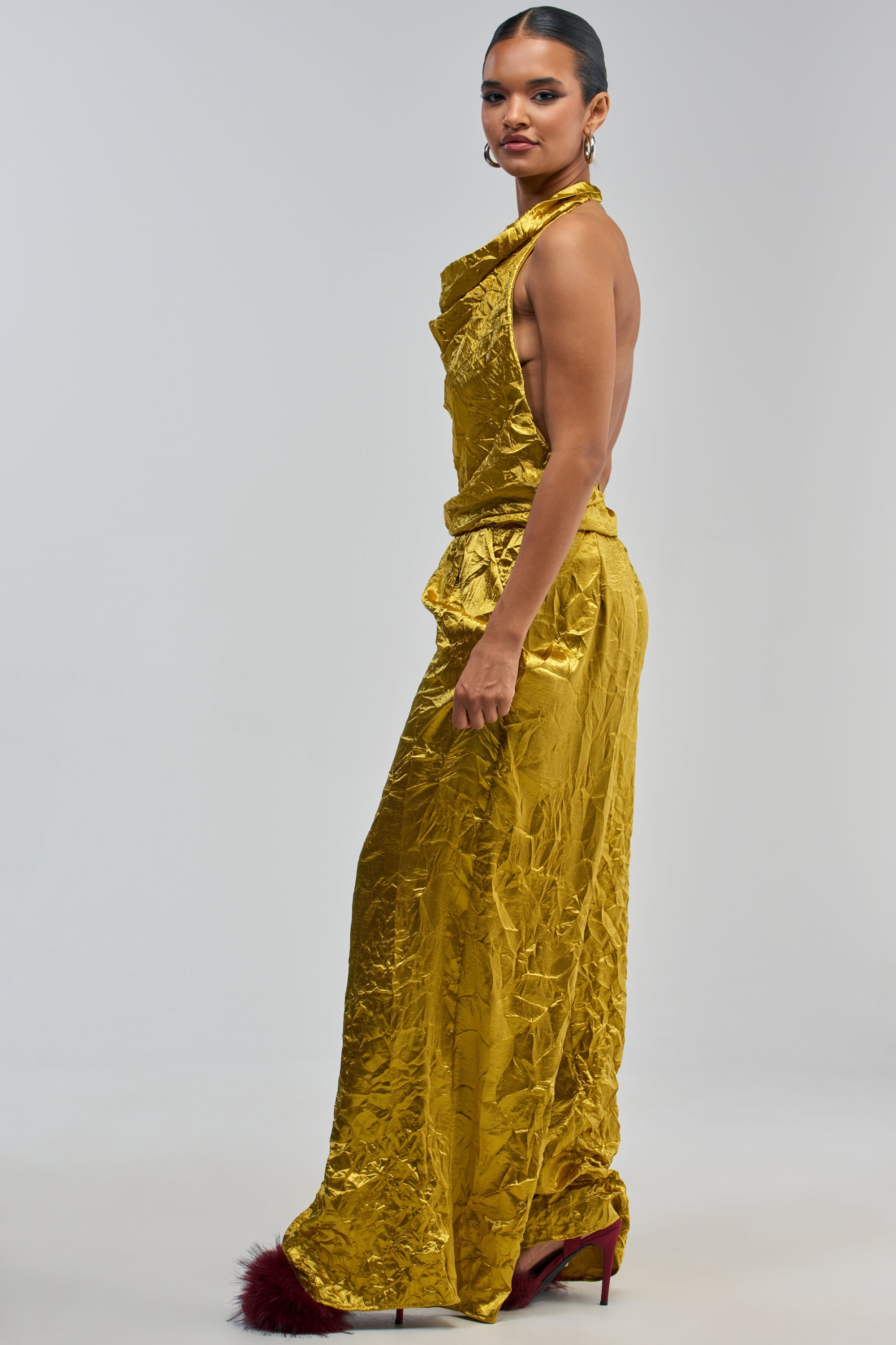 CALLING ALL THE GIRLS SATIN JUMPSUIT IN GOLDEN YELLOW