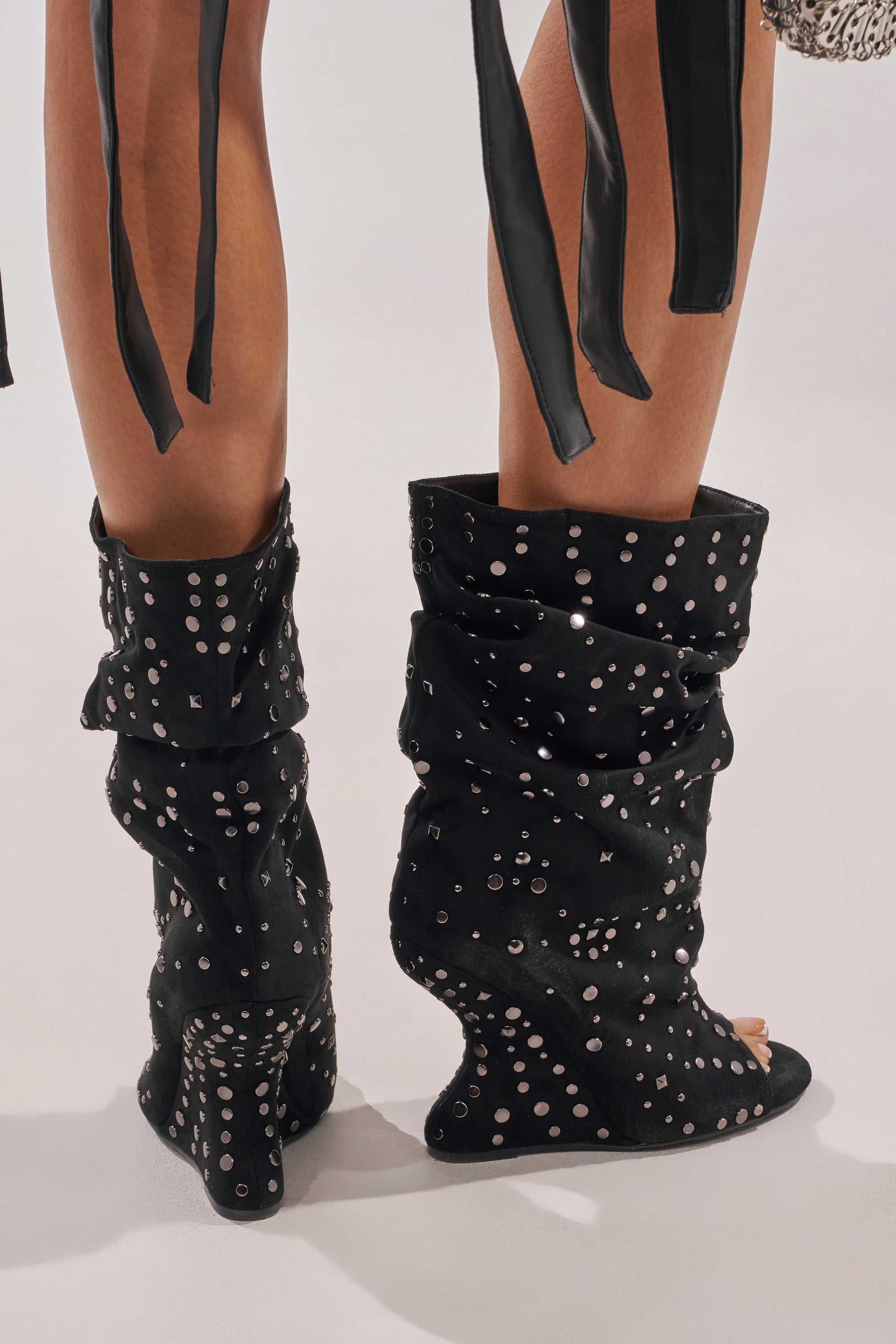 AZALEA WANG NAOMANI FAUX SUEDE BLACK STUDDED OPEN TOE BOOTIE