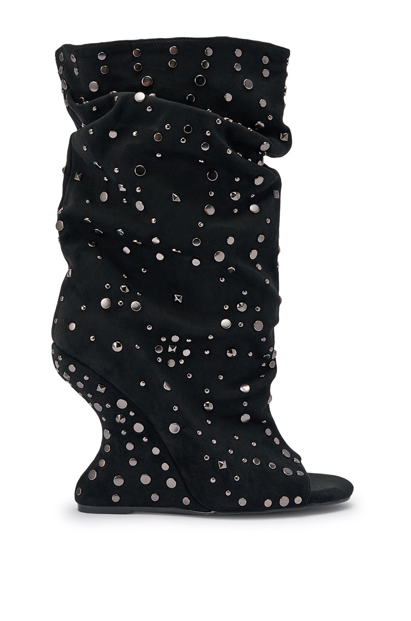 AZALEA WANG NAOMANI FAUX SUEDE BLACK STUDDED OPEN TOE BOOTIE