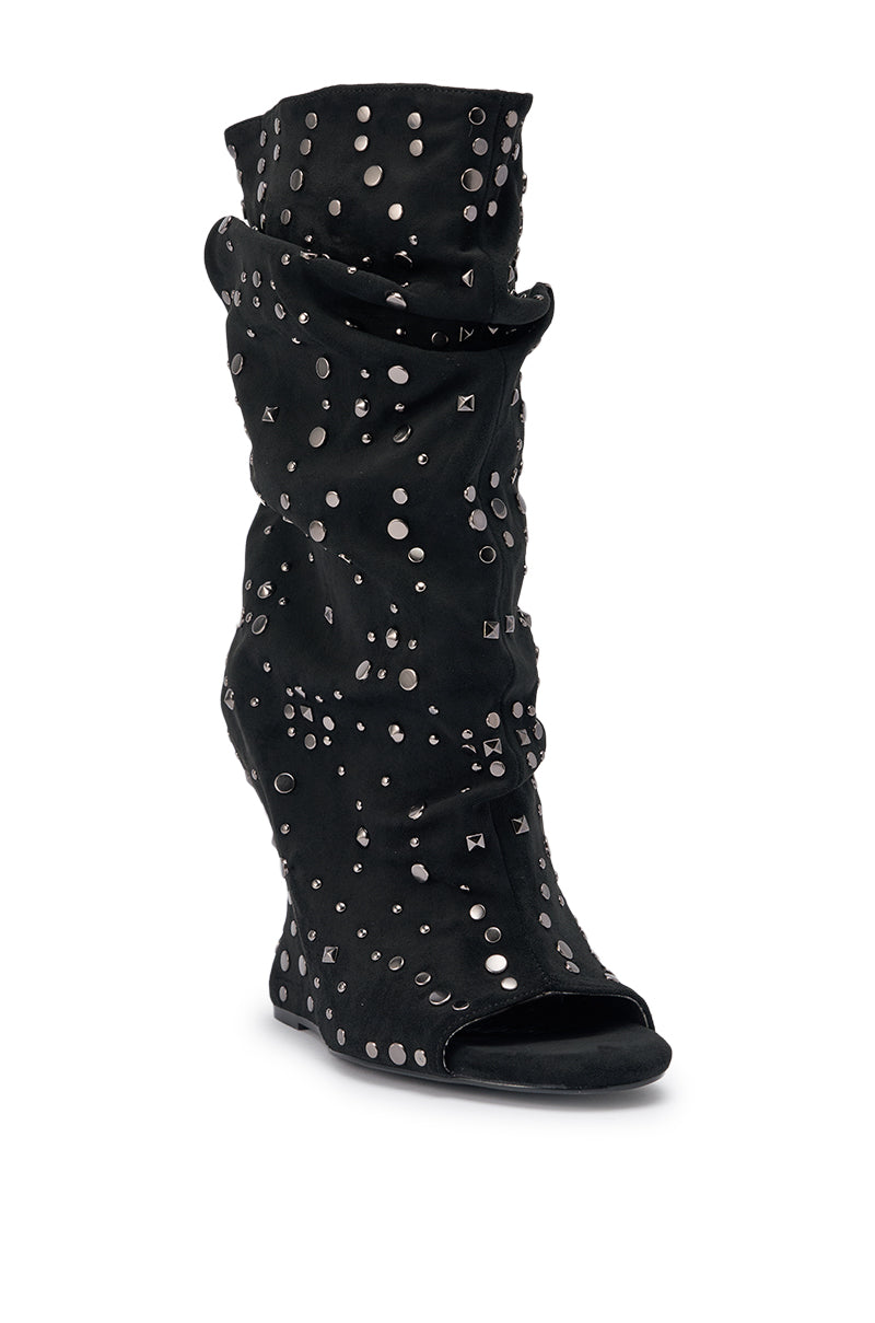AZALEA WANG NAOMANI FAUX SUEDE BLACK STUDDED OPEN TOE BOOTIE