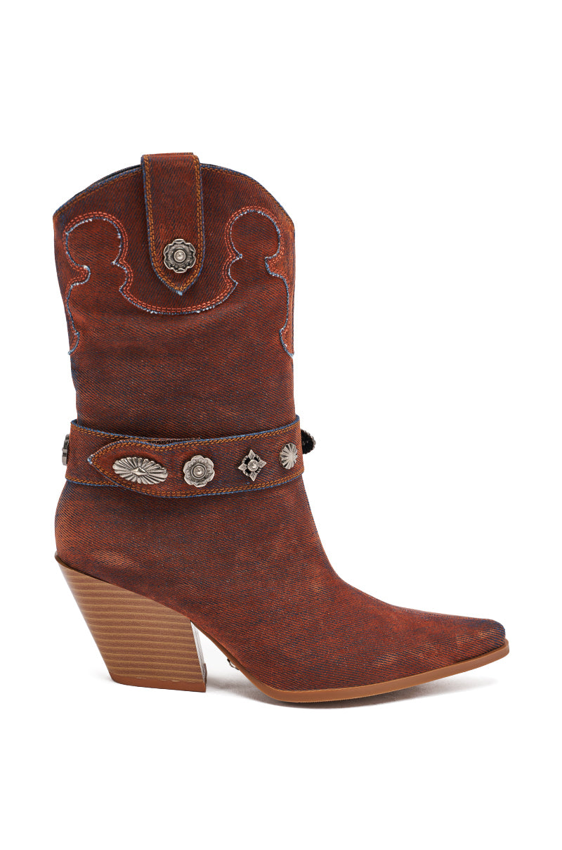 AZALEA WANG NEITH BURNT ORANGE DENIM WESTERN BOOTIE
