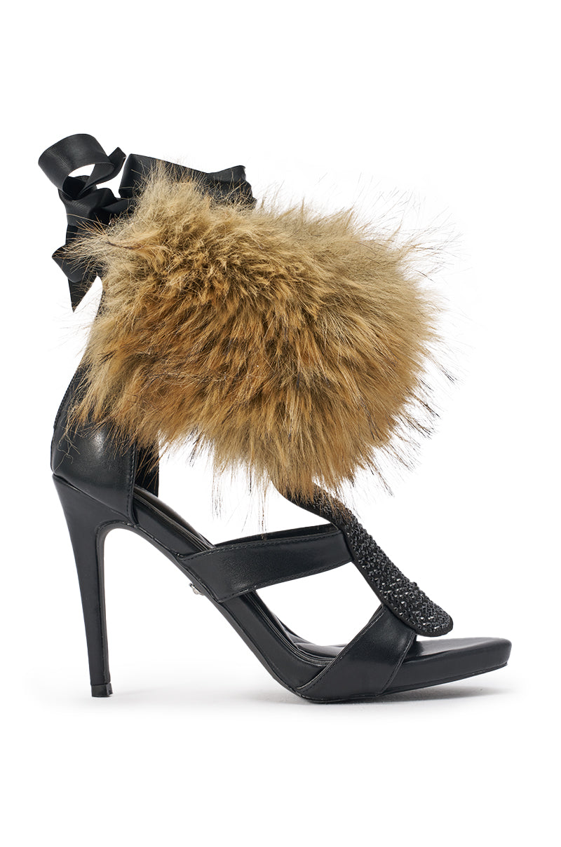 AZALEA WANG NYLA BLACK BROWN FUR LINED SPARKLE SANDAL