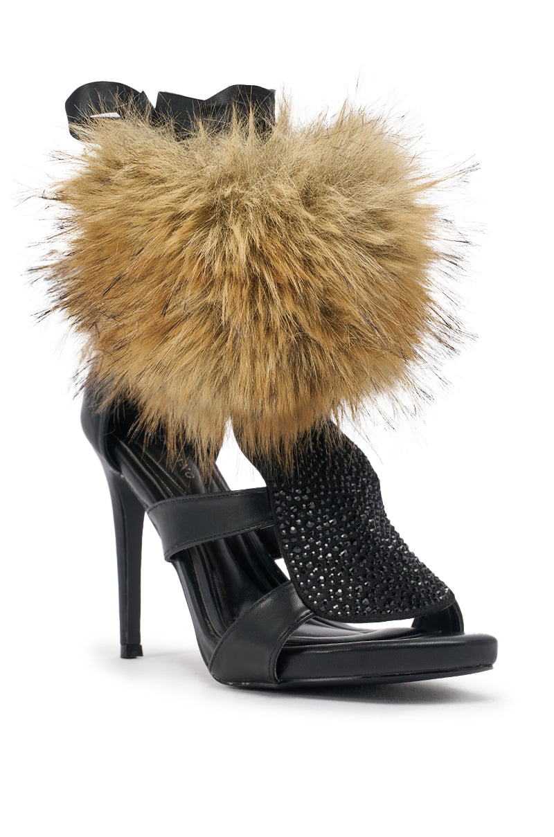 AZALEA WANG NYLA BLACK BROWN FUR LINED SPARKLE SANDAL