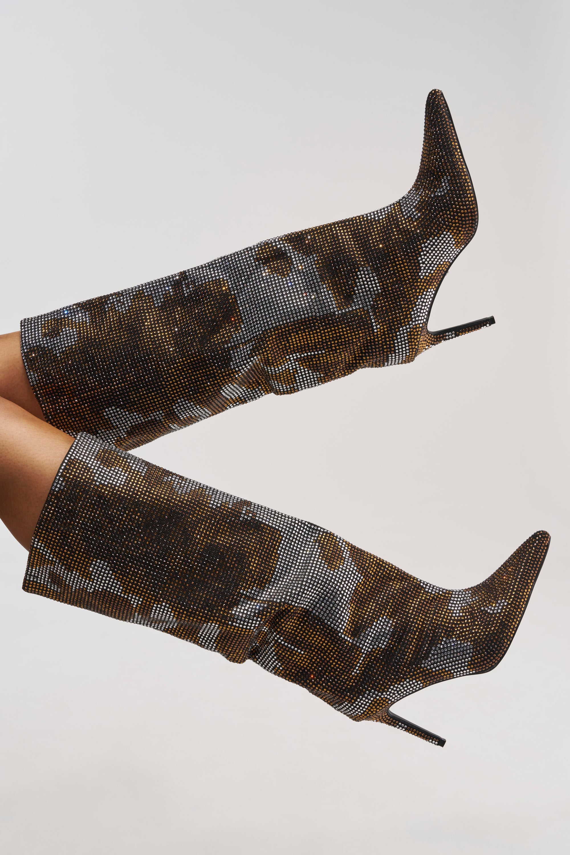 AZALEA WANG ORIEL BRONZE MULTI PRINT RHINESTONE STILETTO BOOT
