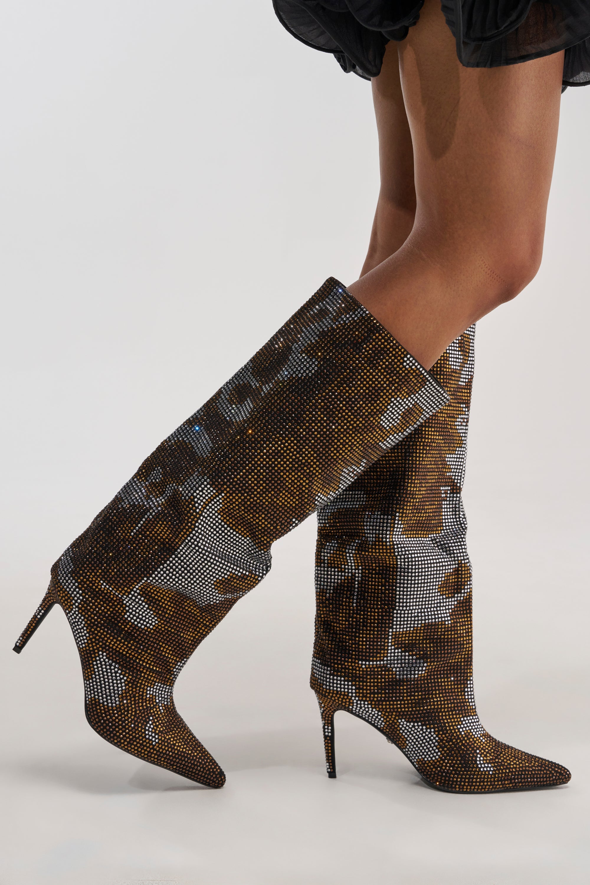 AZALEA WANG ORIEL BRONZE MULTI PRINT RHINESTONE STILETTO BOOT