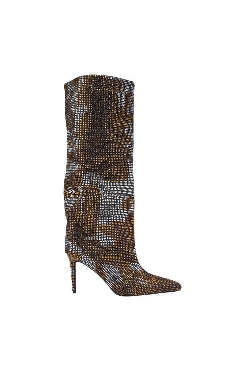 AZALEA WANG ORIEL BRONZE MULTI PRINT RHINESTONE STILETTO BOOT