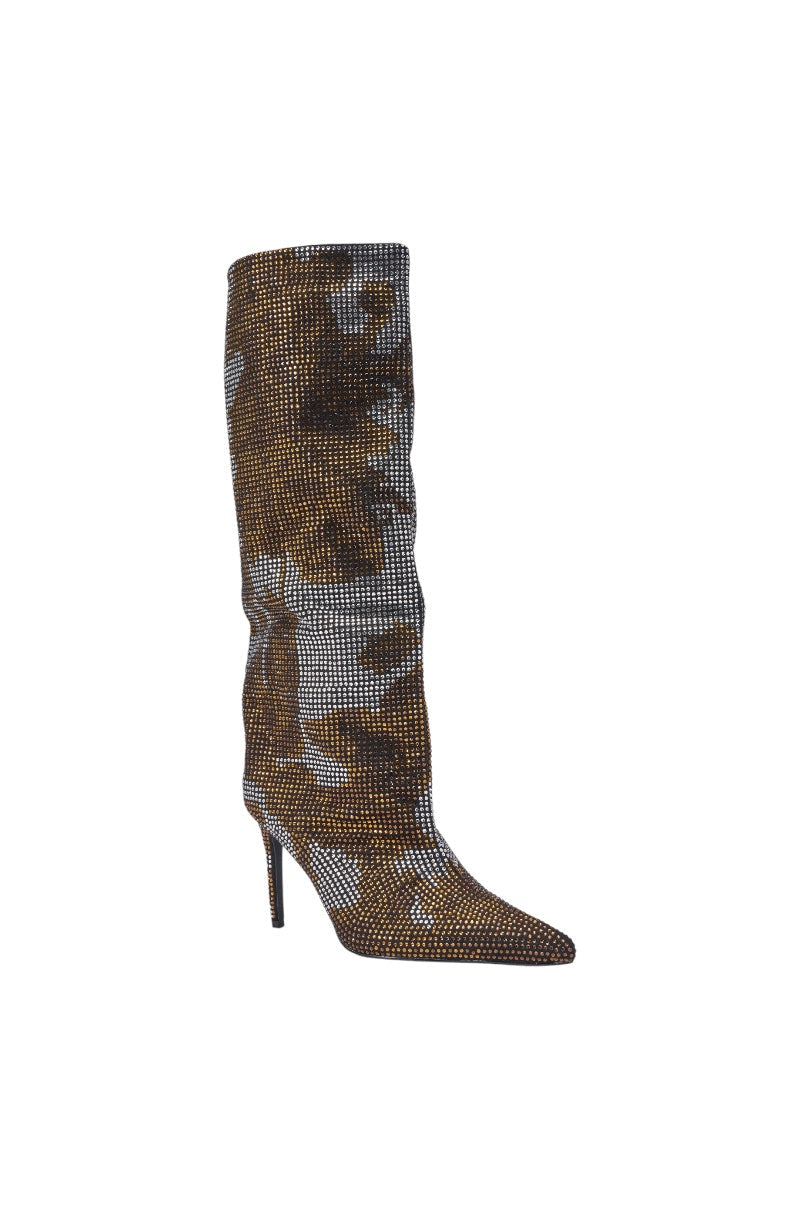 AZALEA WANG ORIEL BRONZE MULTI PRINT RHINESTONE STILETTO BOOT