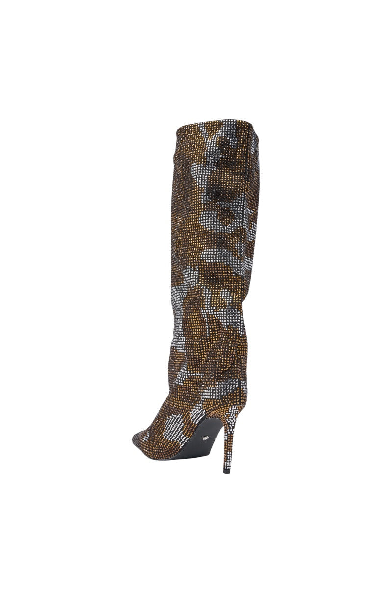 AZALEA WANG ORIEL BRONZE MULTI PRINT RHINESTONE STILETTO BOOT