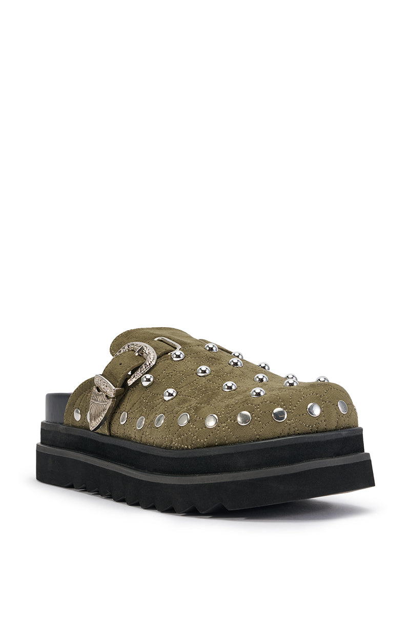 AZALEA WANG PETUNIA OLIVE HARDWARE EMBELLISHED FLATFORM CLOG