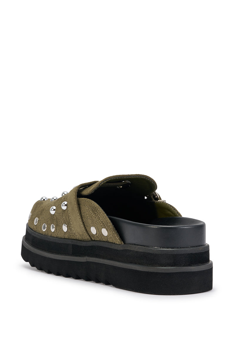AZALEA WANG PETUNIA OLIVE HARDWARE EMBELLISHED FLATFORM CLOG