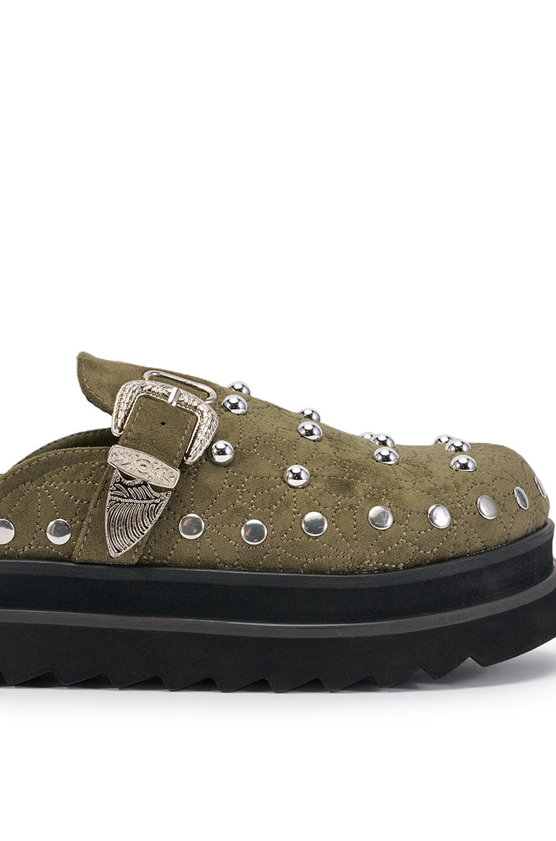 AZALEA WANG PETUNIA OLIVE HARDWARE EMBELLISHED FLATFORM CLOG