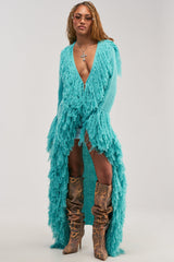 BURRR IT'S COLD OUTSIDE FRINGE OVERSIZED SWEATER IN TURQUOISE