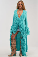 BURRR IT'S COLD OUTSIDE FRINGE OVERSIZED SWEATER IN TURQUOISE