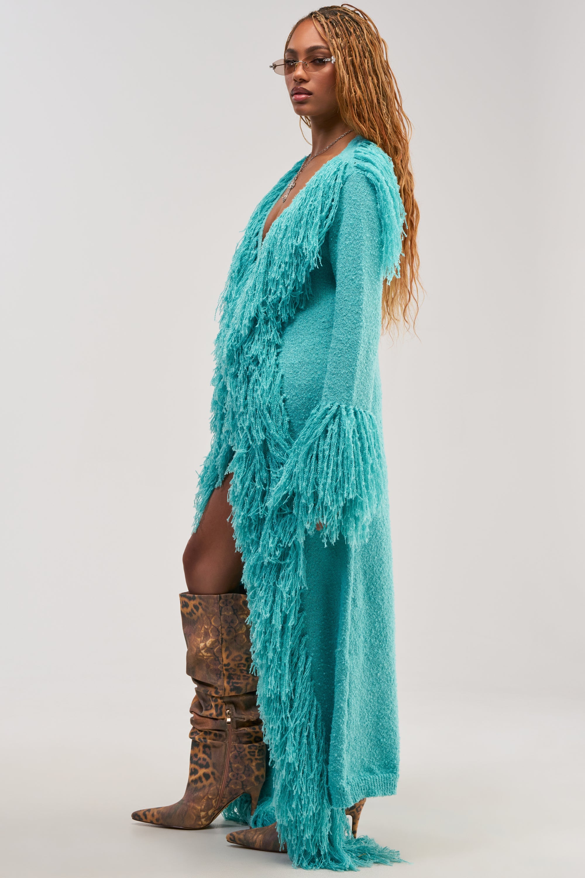 BURRR IT'S COLD OUTSIDE FRINGE OVERSIZED SWEATER IN TURQUOISE