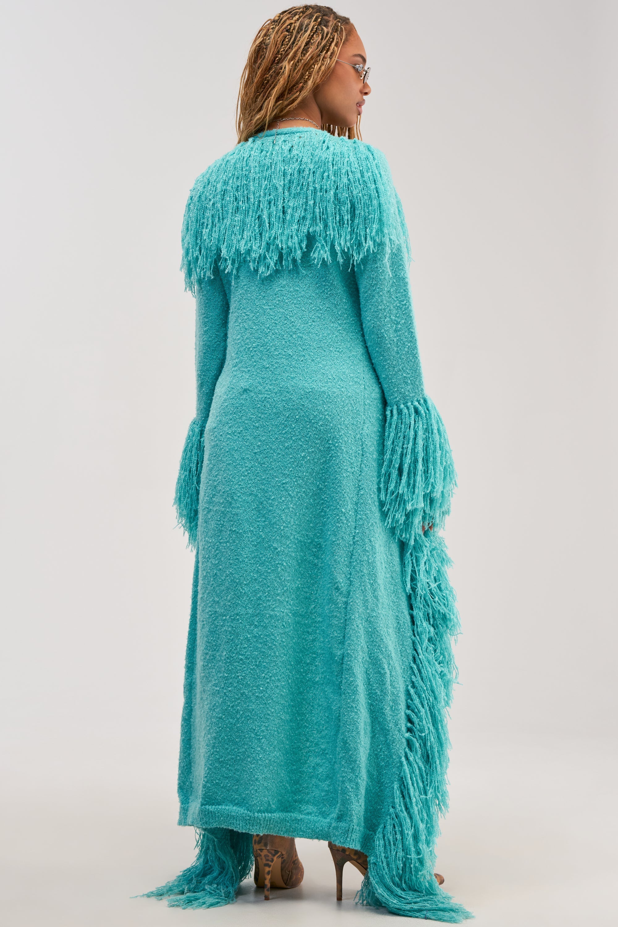 BURRR IT'S COLD OUTSIDE FRINGE OVERSIZED SWEATER IN TURQUOISE