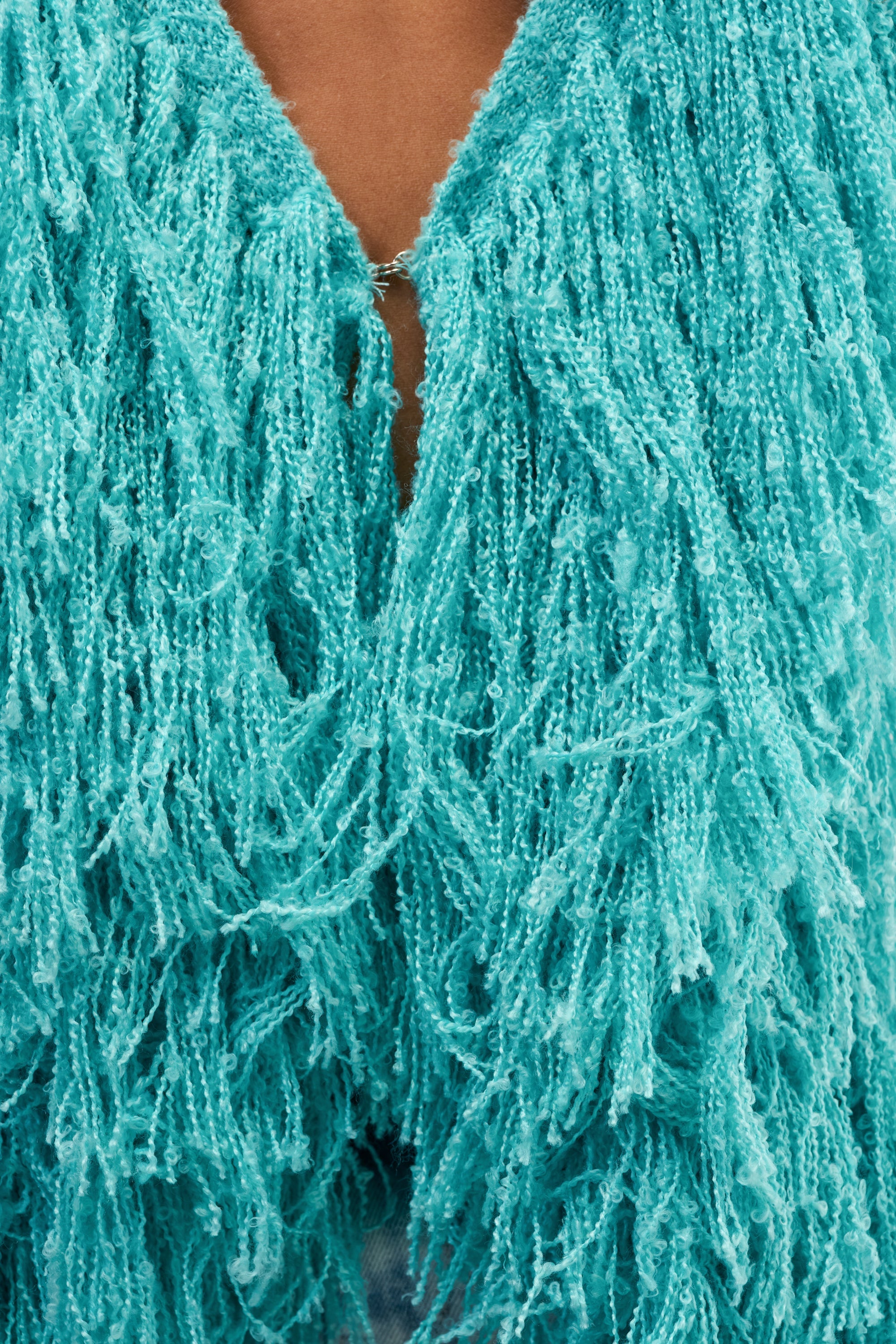 BURRR IT'S COLD OUTSIDE FRINGE OVERSIZED SWEATER IN TURQUOISE