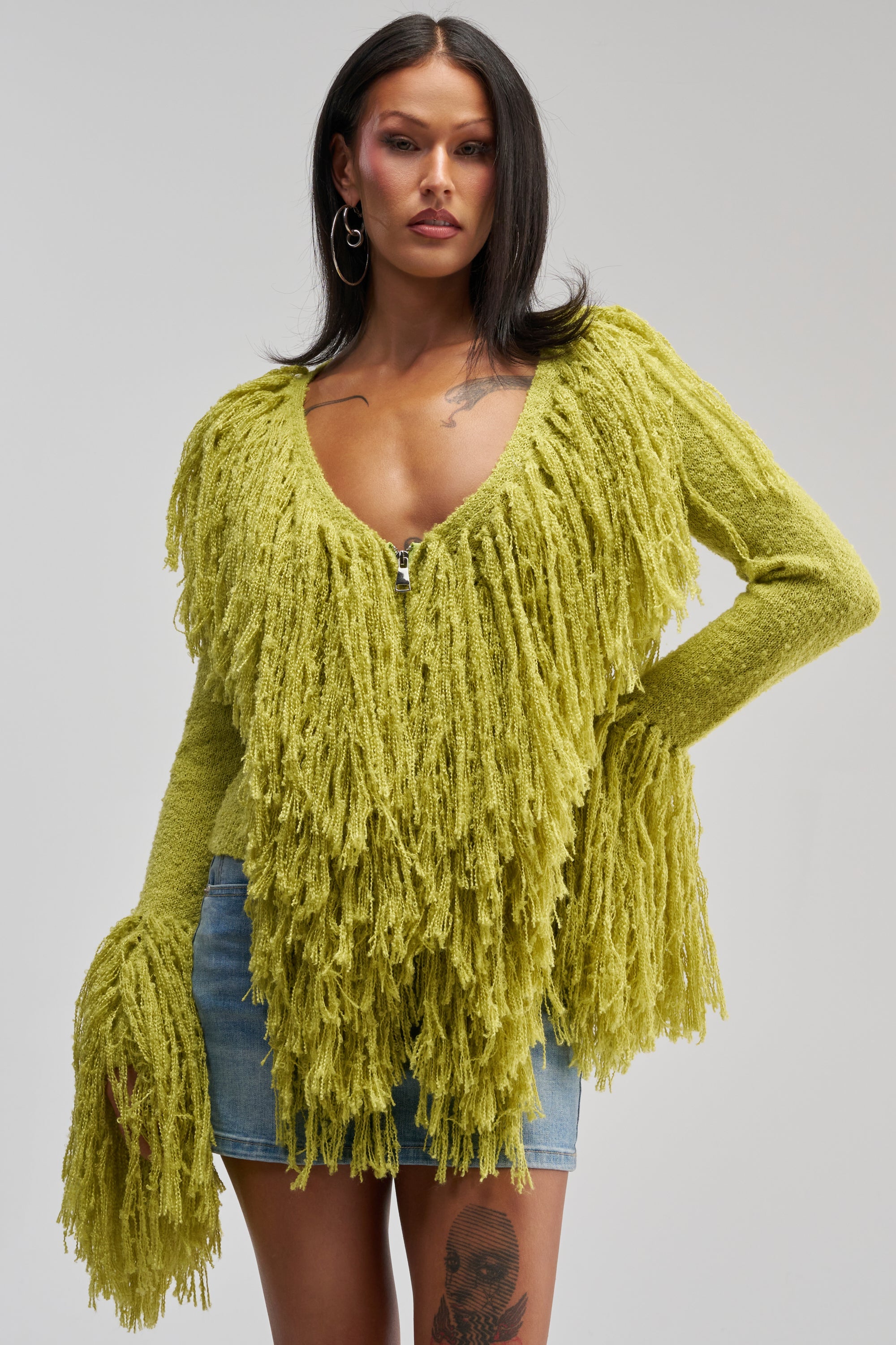 AT YOUR BEST FRINGE CARDIGAN IN CHARTREUSE