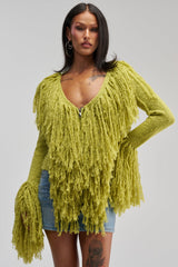 AT YOUR BEST FRINGE CARDIGAN IN CHARTREUSE
