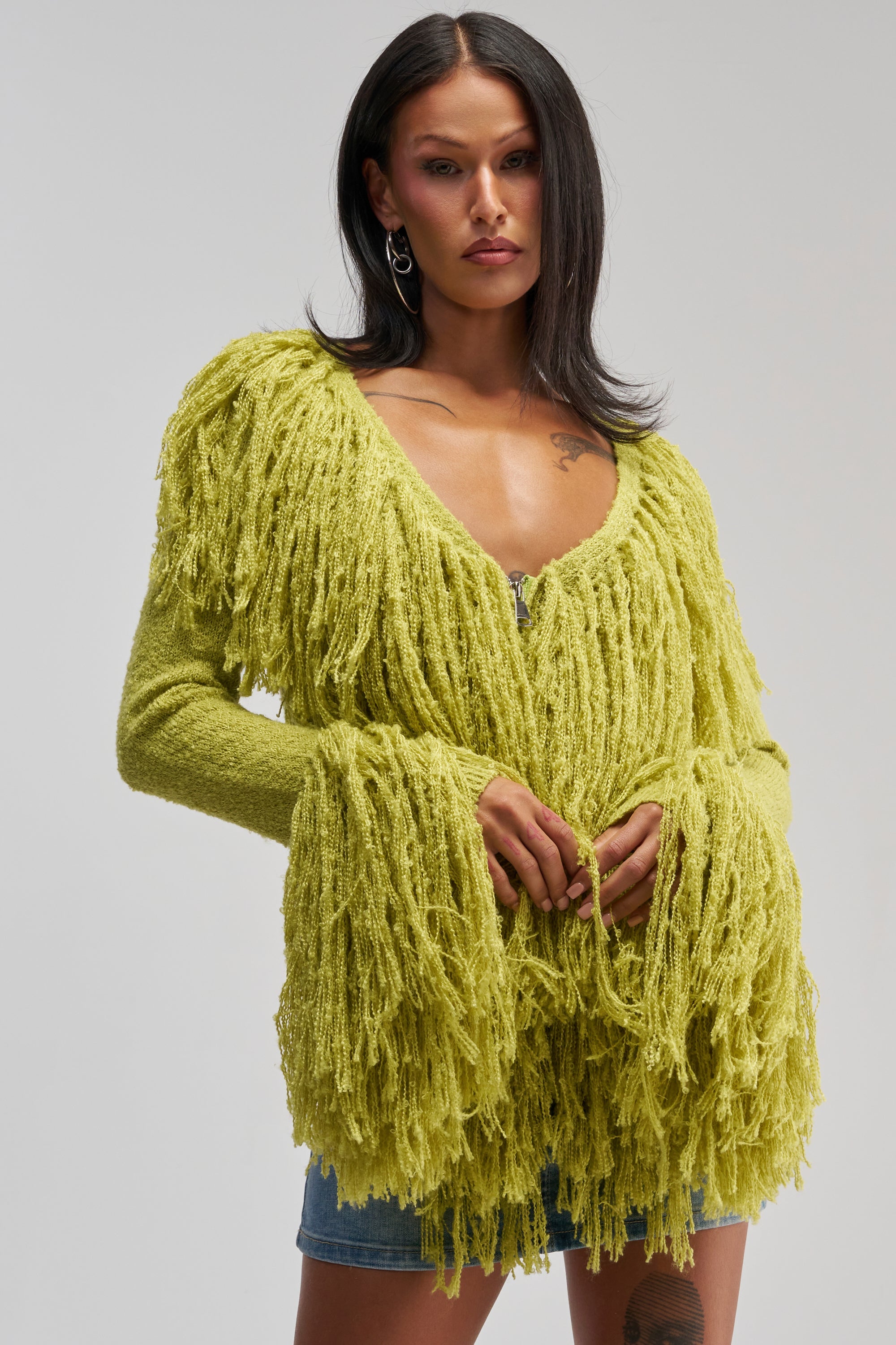 AT YOUR BEST FRINGE CARDIGAN IN CHARTREUSE